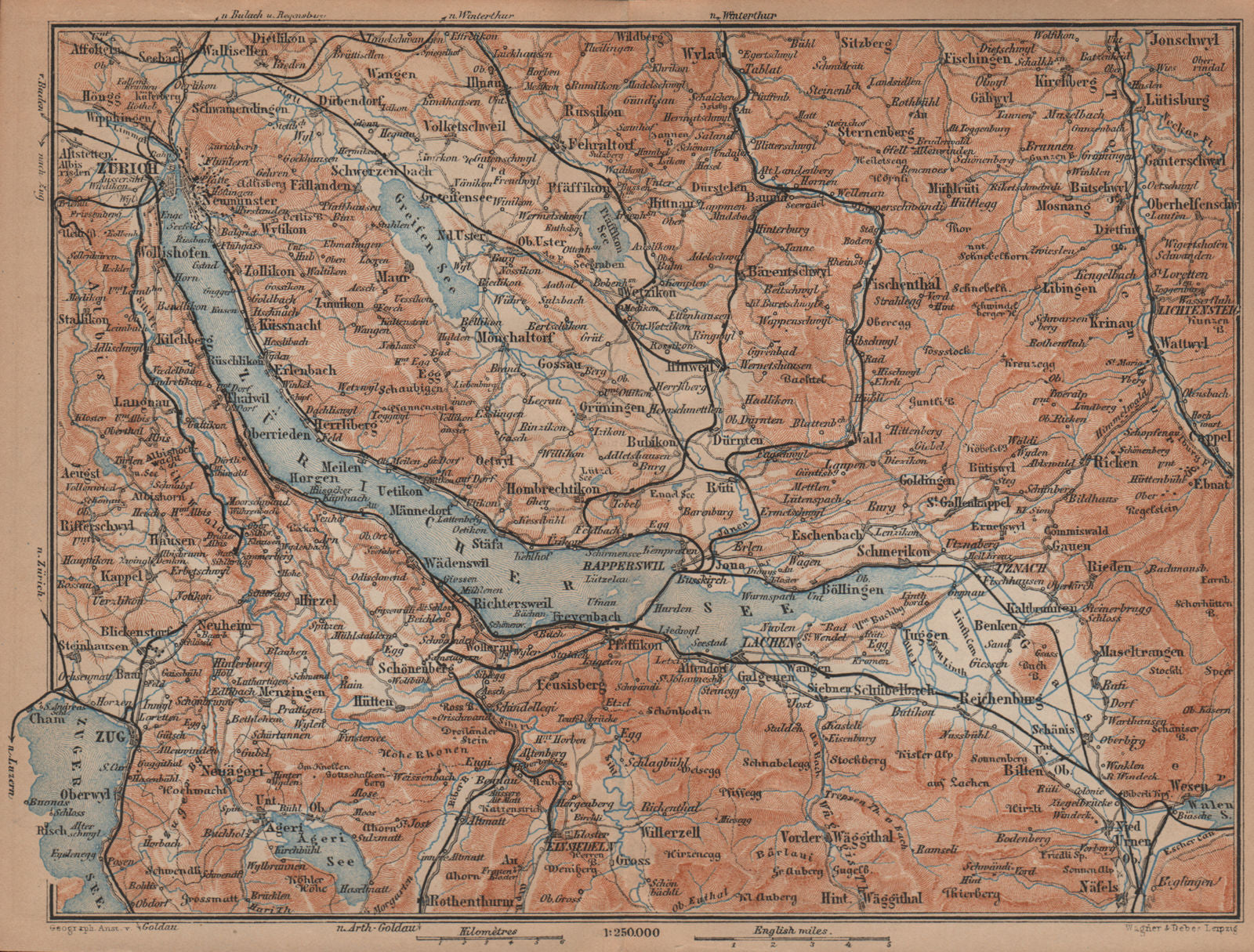 LAKE ZÜRICH. Zuricher See Lachen Utznach.Topo-map. Switzerland Schweiz 1901